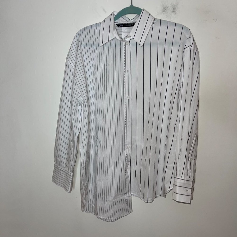 Zara Womens Shirt Size XS White Black Striped Oversized Asymmetrical Cotton - Picture 10 of 10